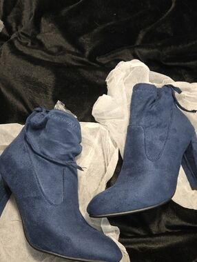 Women's Navy Suede High Heel Ankle Boots with Ankle Tie